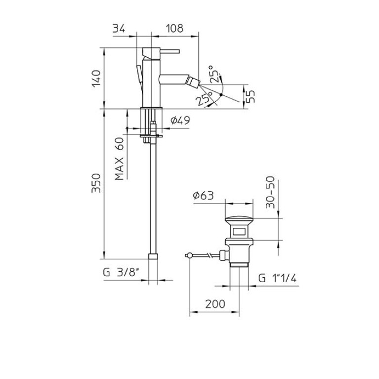 Bossini Oki Смеситель для биде на 1 отв., с донным клапаном 1&rdquo;1/4, цвет: Gold PVD