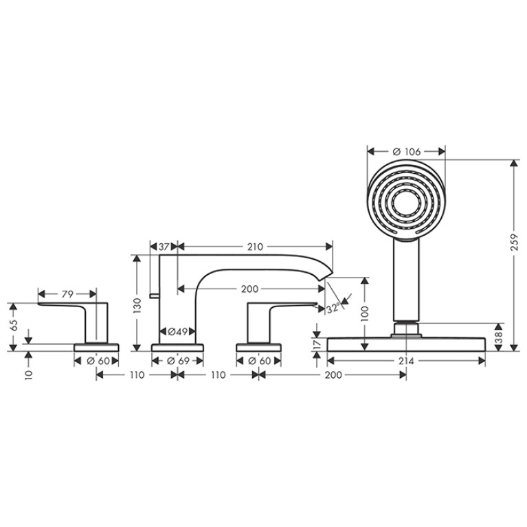 HANSGROHE VIVENIS Смеситель на борт ванны на 4 отв, с ручной лейкой, цвет хром (без внутр части)