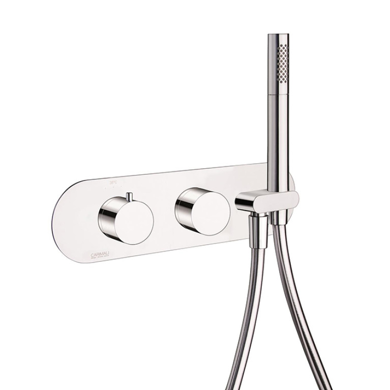 CARIMALI ILTONDO - Внешняя часть Скрытый горизонтальный термостатический смесит c держателем длядуша держателем, 2 выхода, гладкий гибкий шланг, хром