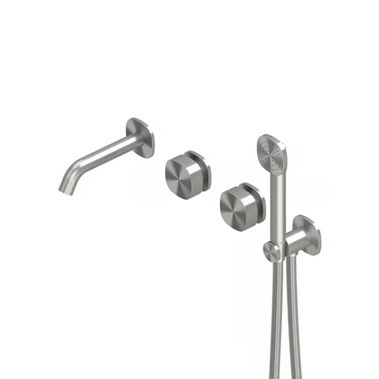 QuadroDesign SUPER 2269TAS Группа смесителей из стены на два потребителя с ручным душем, держателем, выпуском, шлангом 1500 мм, цвет Brushed Stainless