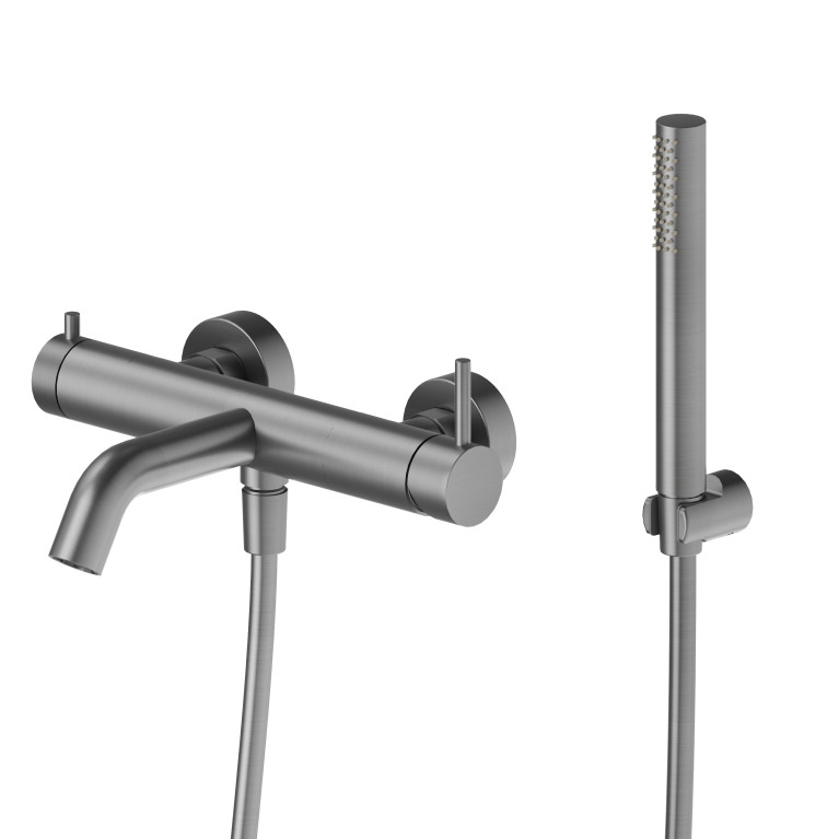 Newform X-Steel 316 Смеситель для ванны настенный с ручным душем, излив 208 мм , цвет: PVD Br. Gun Metal (замена 69640CX.59.064)