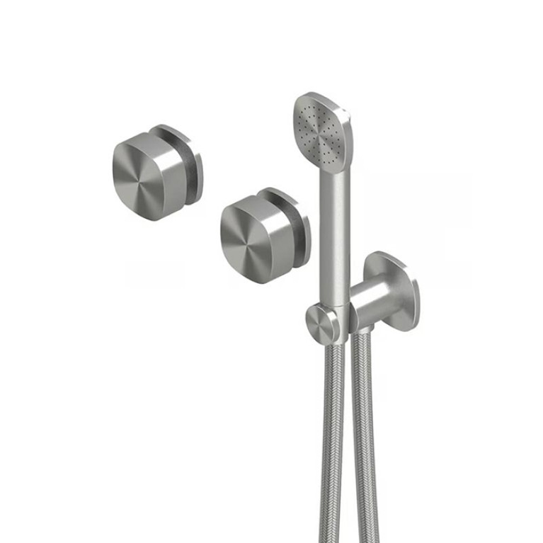 QuadroDesign SUPER 2268TAS Группа смесителей из стены на два потребителя с ручным душем, держателем, выпуском, шлангом 1500 мм, цвет Brushed Stainless