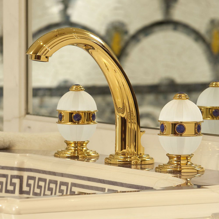 THG AMBOISE LAPIS LAZULI Смеситель для раковины на 3 отверстия, с донным клапаном, вставки лазурит, цвет полированное золото