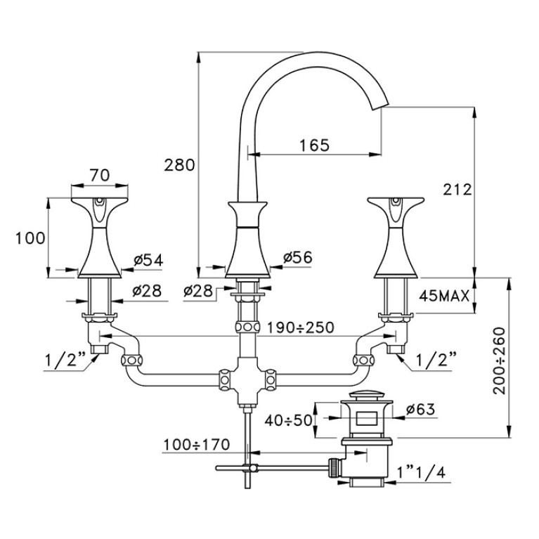 Stella 130 Смеситель для раковины на 3 отверстия 3225, с донным клапаном, цвет: серебро