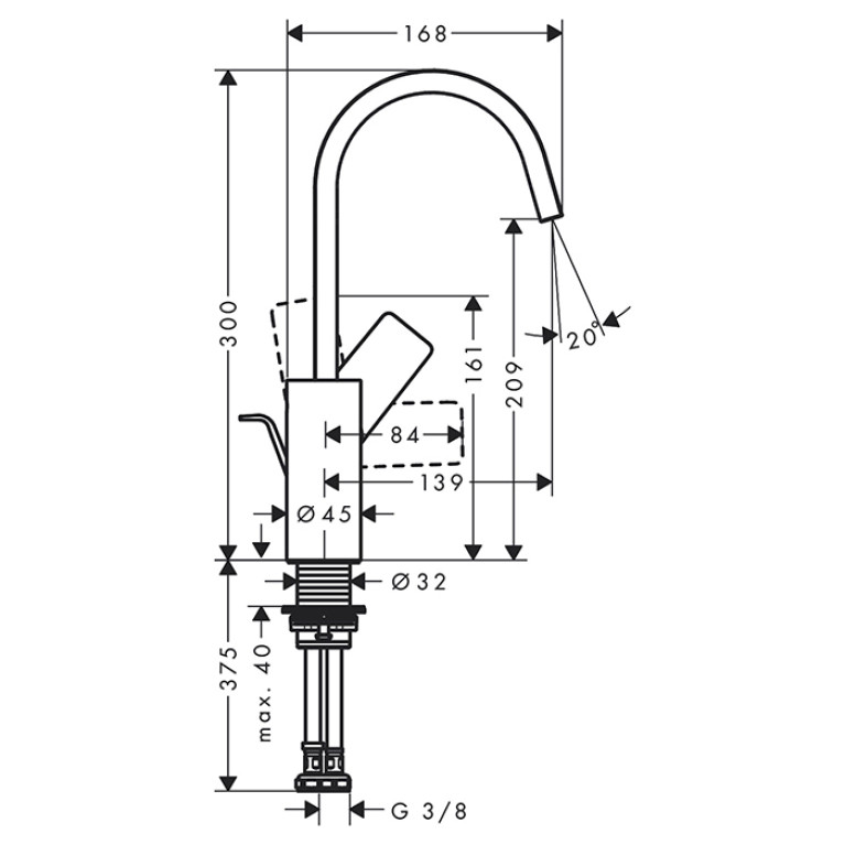HANSGROHE VIVENIS Смеситель для раковины на 1 отверстие, однорычажный, с поворотным изливом, с донным клапаном, цвет хром