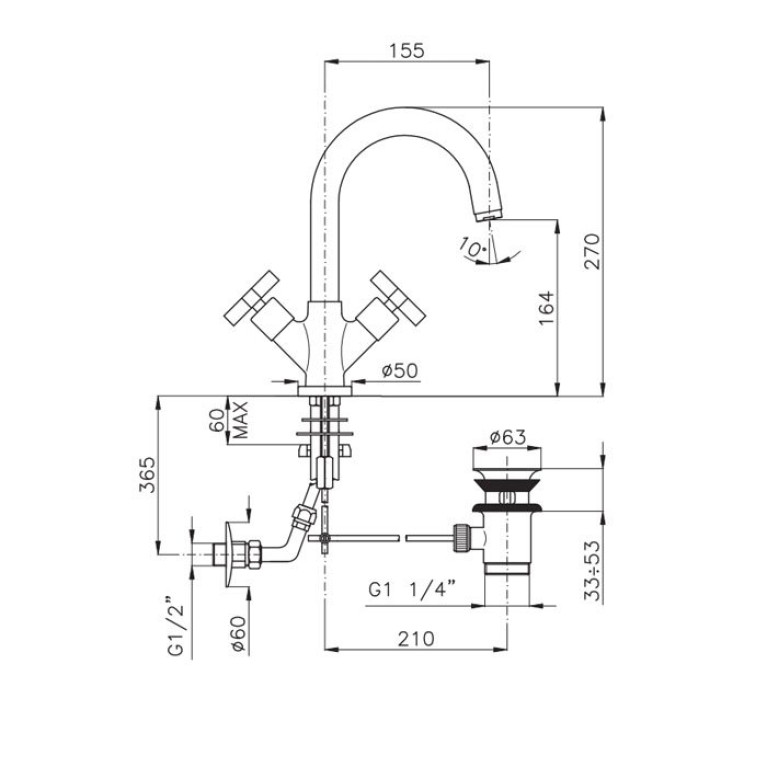 Nicolazzi Mac Kinley 05 Смеситель для раковины на 1 отверстие, излив: 155, цвет: хром