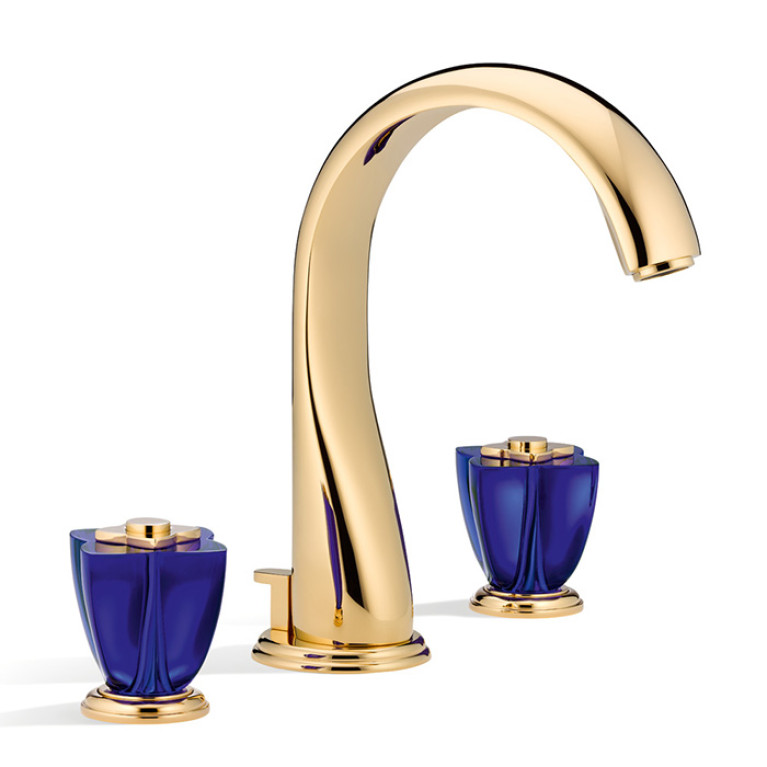 THG PETALE DE CRISTAL BLEU Смеситель для раковины на 3 отверстия, с донным клапаном, цвет полированное золото
