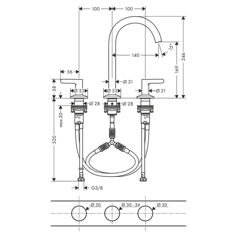 AX One Смеситель для раковины 170, 3 отв., p-open, цвет полированное золото