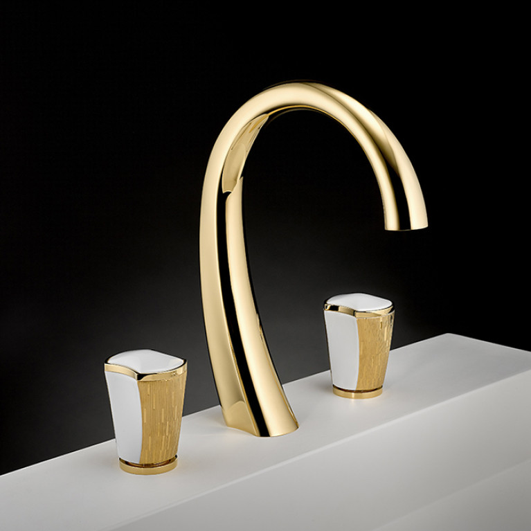 THG INFINI PORCELAINE BLANCHE DECOR OR Смеситель для раковины на 3 отверстия, с донным клапаном, цвет полированное золото