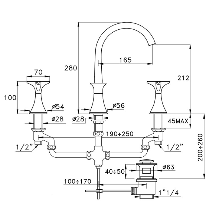 STELLA 130-3225 Смеситель для раковины на 3 отверстия, с донным клапаном, цвет Rose gold