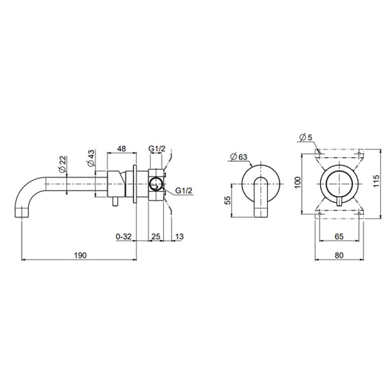 QuadroDesign SOURCE/OTTAVO 1313.00AS Смеситель для раковины на 2 отверстия из стены, цвет Brushed Stainless Steel