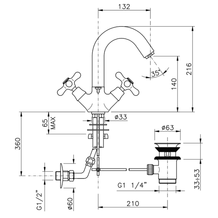 Nicolazzi Nuova Brenta Смеситель для раковины с 2мя ручками, поворотный излив: 132мм, с донным клапаном, цвет: бронза