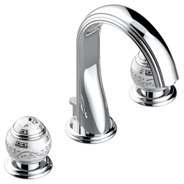 THG MARQUISE BLANC DECOR PLATINE Смеситель для раковины на 3 отверстия, с донным клапаном, ручки белые, декор платина, цвет хром