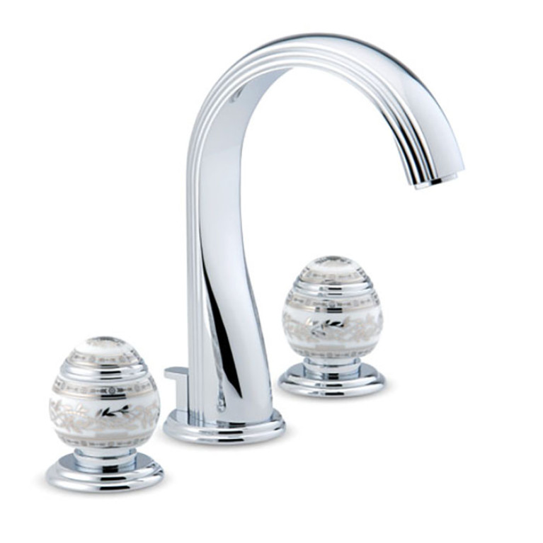 THG MARQUISE BLANC DECOR PLATINE Смеситель для раковины на 3 отверстия, с донным клапаном, ручки белые, декор платина, цвет хром