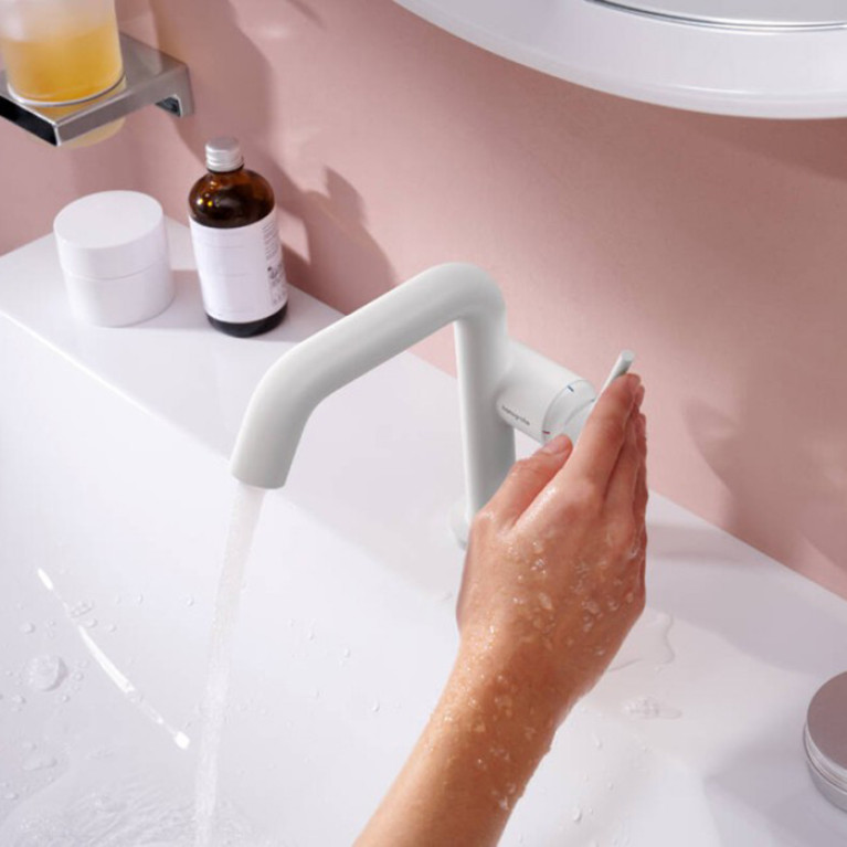 HG Tecturis S Смеситель для раковины 110 Fine CoolStart EcoSmart+, однорычажный, со сливным гарнитуром Push-Open, матовый белый