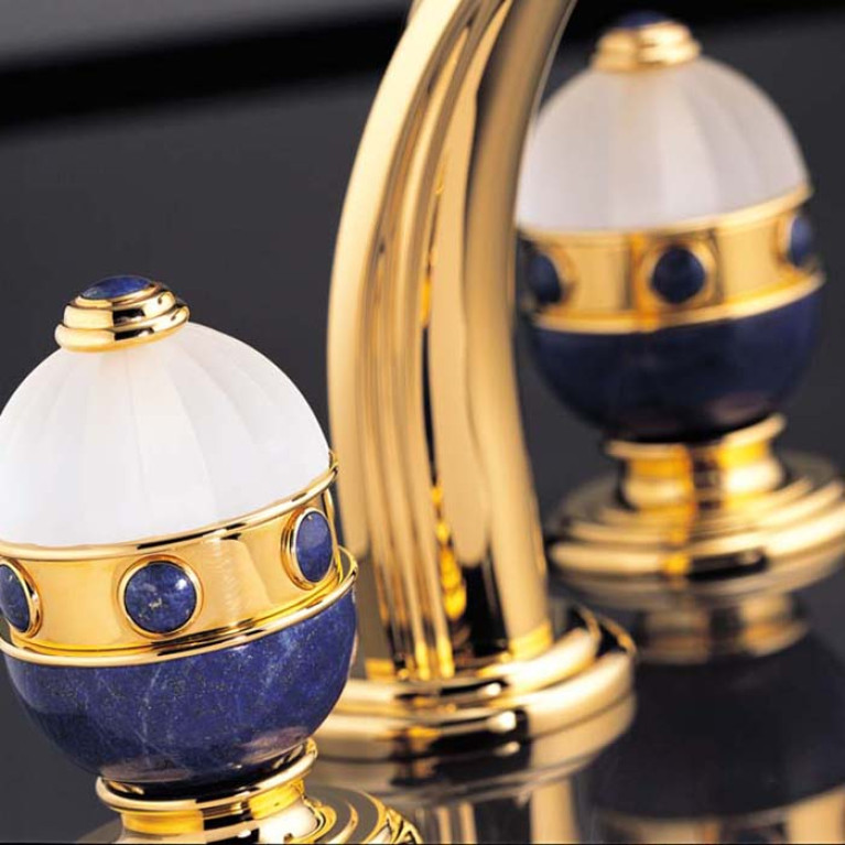 THG CHEVERNY LAPIS LAZULI Смеситель для раковины на 3 отверстия, с донным клапаном, вставки лазурит, цвет полированное золото