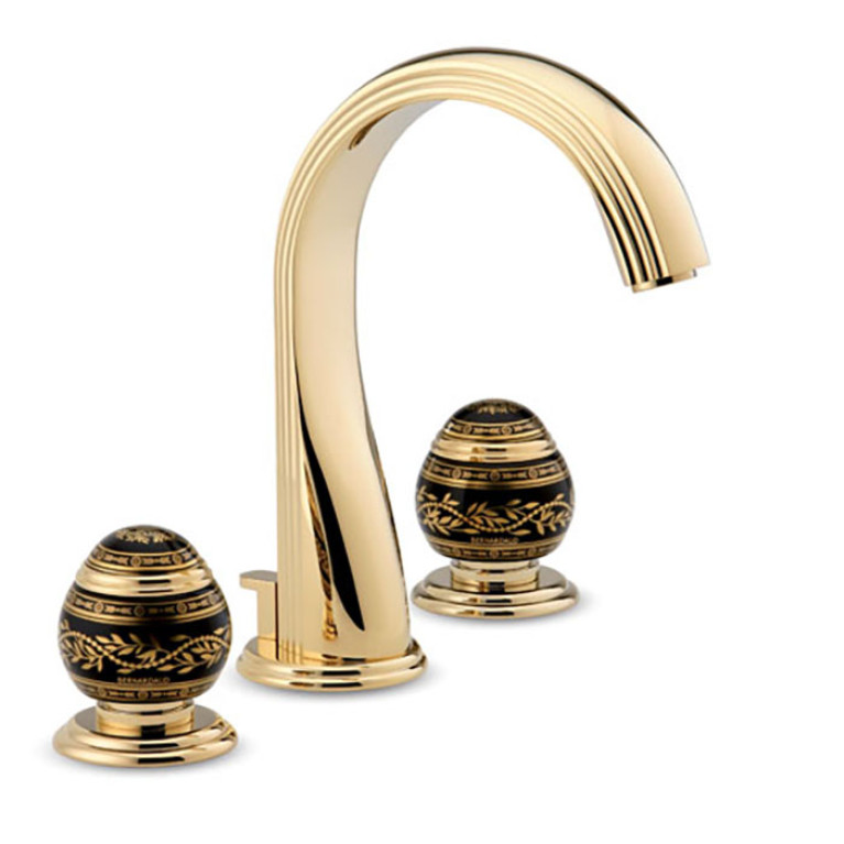 THG MARQUISE NOIR DECOR OR Смеситель для раковины на 3 отверстия, с донным клапаном, ручки черные, декор золото, цвет полированное золото