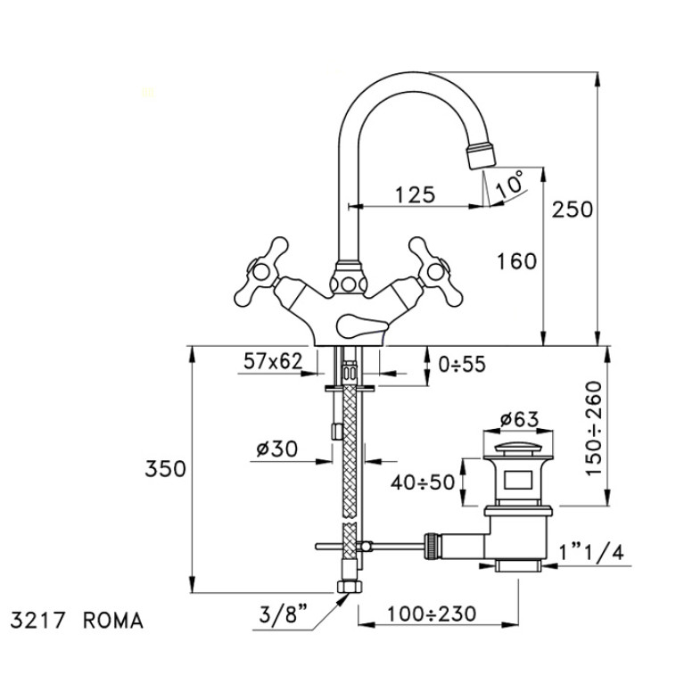 Stella Roma Смеситель для раковины на 1 отверстие 3217 с донным клапаном, цвет: хром