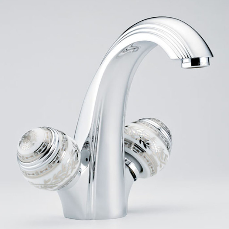THG MARQUISE BLANC DECOR PLATINE Смеситель для раковины на 1 отверстие, с донным клапаном, ручки белые, декор платина, цвет хром
