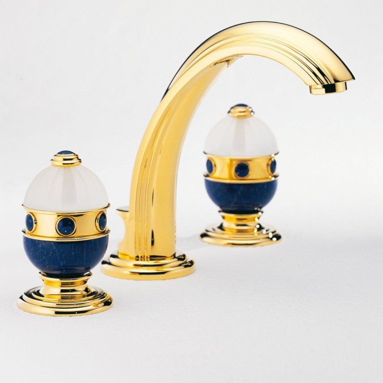 THG CHEVERNY LAPIS LAZULI Смеситель для раковины на 3 отверстия, с донным клапаном, вставки лазурит, цвет полированное золото