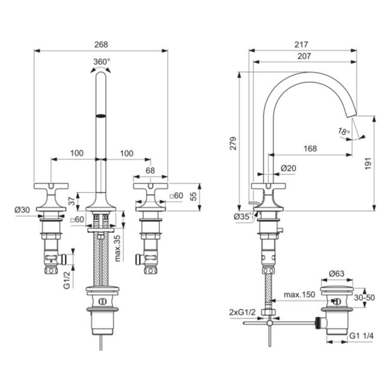 Ideal Standard Joy Neo Смеситель для раковины, на 3 отв, с донным клапаном, цвет: PVD Magnetic Grey