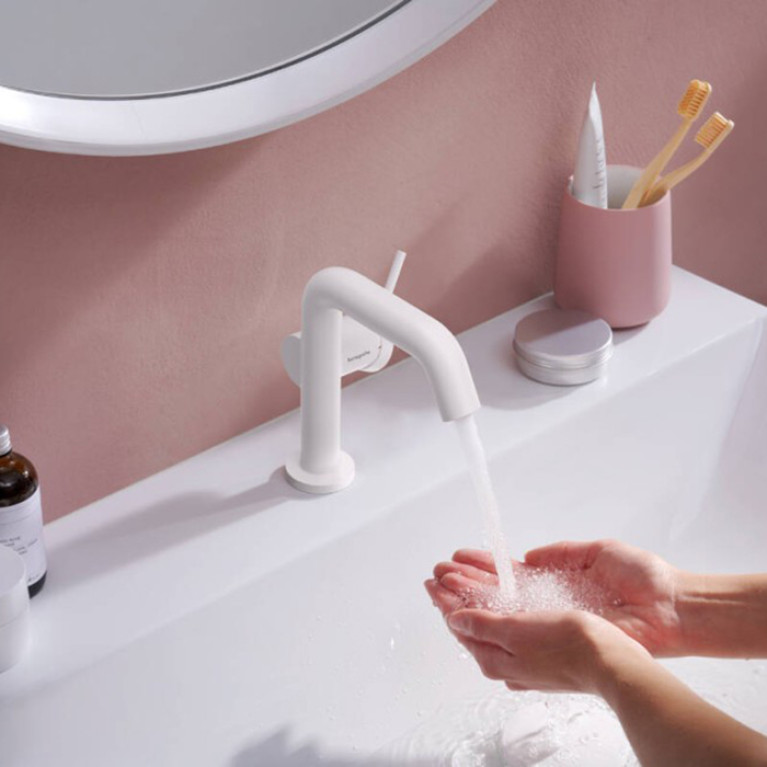 HG Tecturis S Смеситель для раковины 110 Fine CoolStart EcoSmart+, однорычажный, со сливным гарнитуром Push-Open, матовый белый