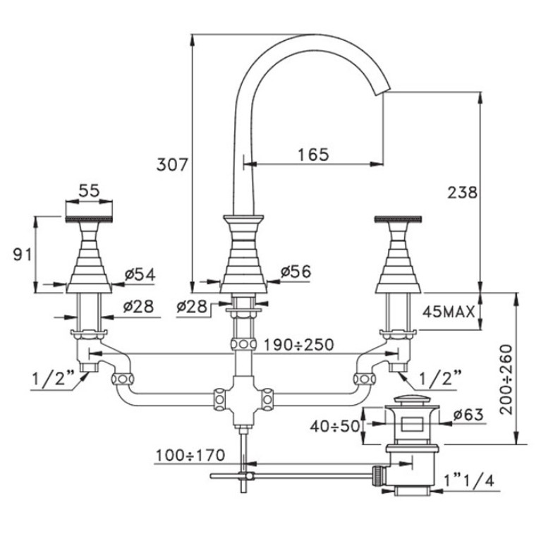 Stella Titian Смеситель для раковины на 3 отверстия 3222 с высоким изливом, с донным клапаном, цвет: никель матовый