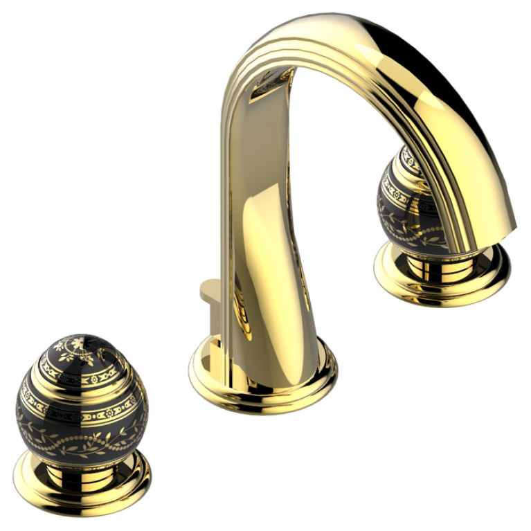 THG MARQUISE NOIR DECOR OR Смеситель для раковины на 3 отверстия, с донным клапаном, ручки черные, декор золото, цвет полированное золото