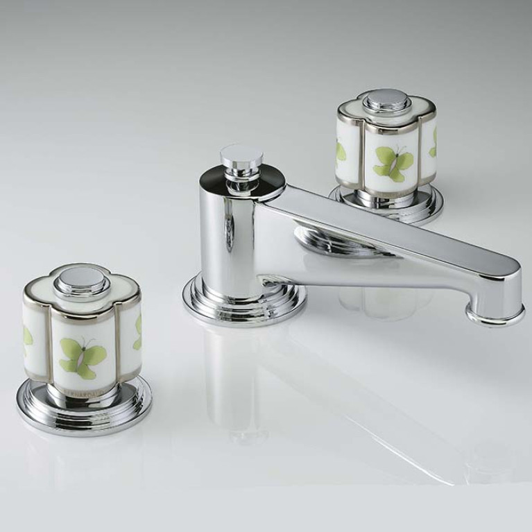 THG CAPUCINE VERT DECOR PLATINE Смеситель для раковины на 3 отверстия, с донным клапаном, декор платина/зеленый, цвет хром