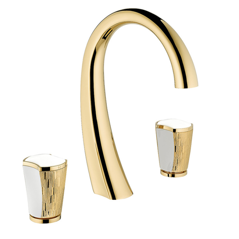 THG INFINI PORCELAINE BLANCHE DECOR OR Смеситель для раковины на 3 отверстия, с донным клапаном, цвет полированное золото
