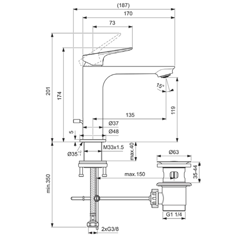 Ideal Standard Ceralife O Смеситель для раковины H119, c донным клапаном, цвет: хром