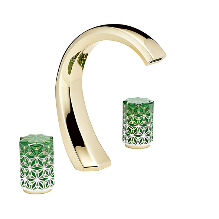 THG NIHAL PORCELAINE VERTE Смеситель для раковины на 3 отверстия, с донным клапаном, цвет Soft gold