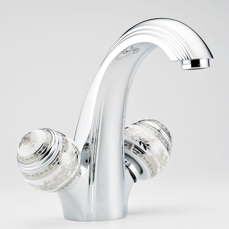 THG MARQUISE BLANC DECOR PLATINE Смеситель для раковины на 1 отверстие, с донным клапаном, ручки белые, декор платина, цвет хром