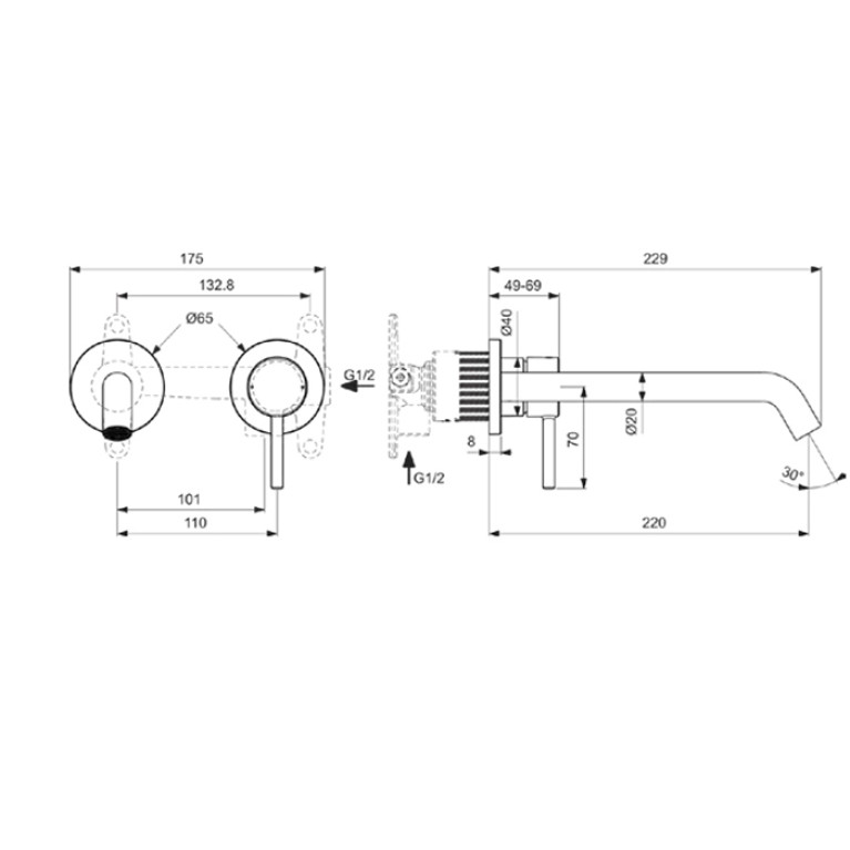 Ideal Standard Ceraline Nuovo Смеситель однорычажный для раковины на 2 отверстия из стены, излив 220 мм, внешняя часть, цвет: черный матовый
