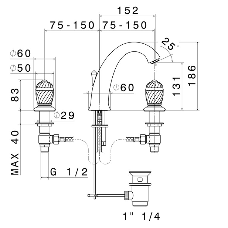 Newform Deluxe Смеситель для раковины на 3 отверстия (1/2&rdquo; t piece) с  донным клапаном, цвет: gold