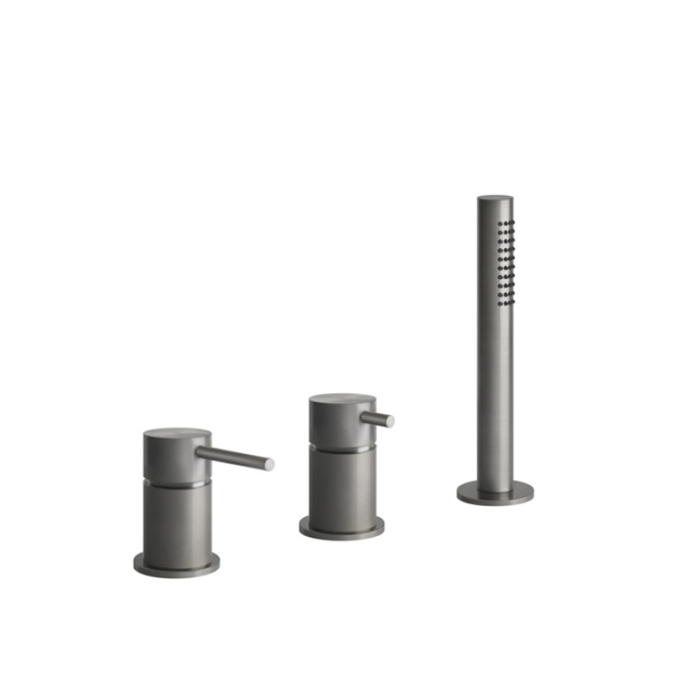 GESSI 316 Смеситель для ванны на 3 отверстия наполнение через слив-перелив с переключателем, убирающаяся душевая лейка, цвет: steel brushed
