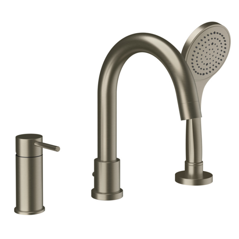 Gessi Emporio Via tortona Смеситель для ванны на 3 отверстия с переключателем, изливом и шлангом 1,50м, цвет: Finox Brushed Nickel