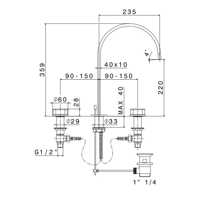 Newform ParkLE Смеситель для ванны на 3 отверстия (1/2&rdquo; t piece) с высоким изливом и донным клапаном, цвет:  PVD glossy gold + черный матовый