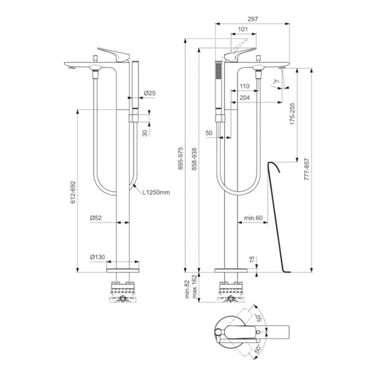 Ideal Standard La Dolce Vita Смеситель для ванны, напольный, с ручным душем, без A6133NU, цвет: PVD Brushed Gold