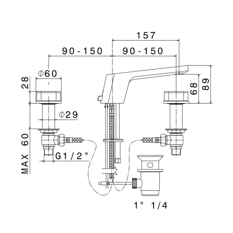 Newform ParkLE Смеситель для раковины на 3 отверстия (1/2&rdquo; t piece) с коротким изливом и донным клапаном, цвет:  хром + черный матовый