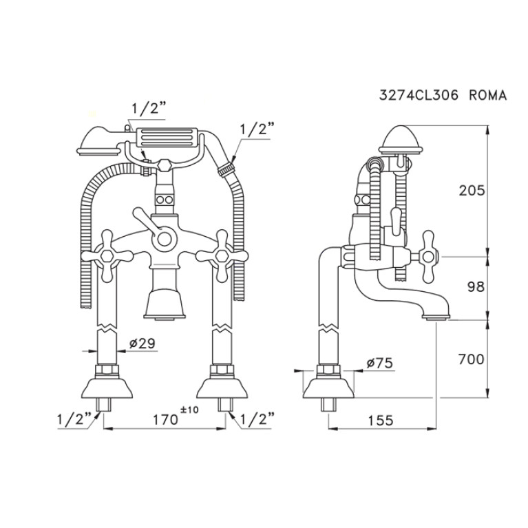 Stella Roma Напольный смеситель для ванны 3274CL306 с ручным душем, цвет: хром