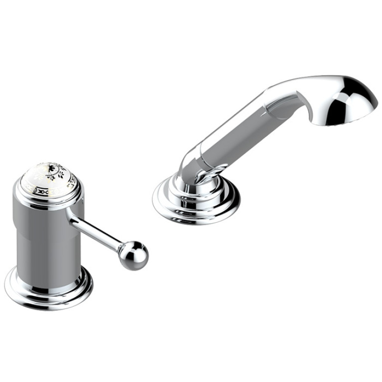 THG MARQUISE BLANC DECOR PLATINE Смеситель на борт ванны на 2 отв, однорычажный, без излива, с ручным душем, ручки белые, декор платина, цвет хром