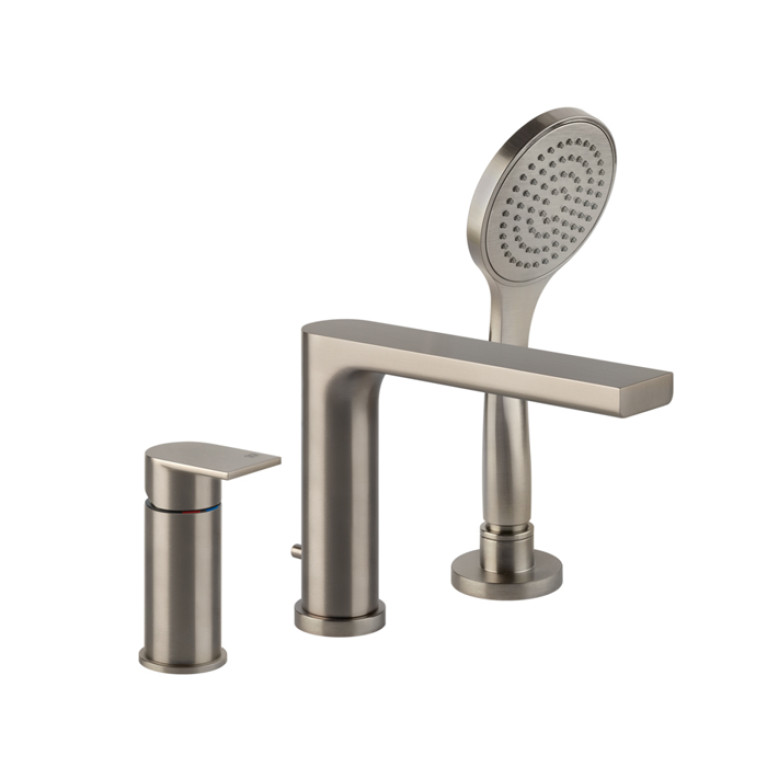 Gessi Emporio Via manzoni Смеситель для ванны на 3 отверстия с переключателем, изливом и шлангом 1,50м, цвет: Finox Brushed Nickel