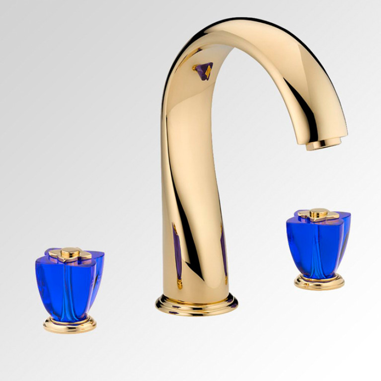 THG PETALE DE CRISTAL BLEU Смеситель на борт ванны на 3 отверстия, без ручного душа, стекло синее, цвет полированное золото