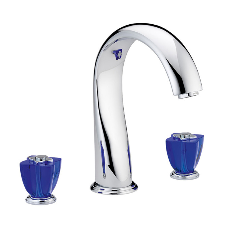 THG PETALE DE CRISTAL BLEU Смеситель на борт ванны на 3 отверстия, без ручного душа, стекло синее, цвет хром
