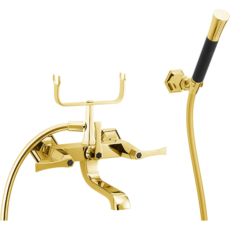 CISAL Cherie Смеситель двухвентильный настенный для ванны/душа с ручной лейкой,держателями и шлангом, цвет золото/черный матовый