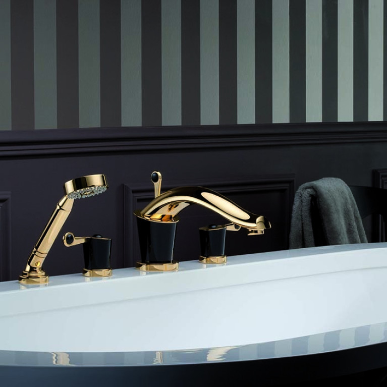 THG BAGATELLE PIERRE NOIRE MANETTES Смеситель для для установки на борт ванны на 4 отверстия, с ручным душем, ручки черные, цвет полированное золото