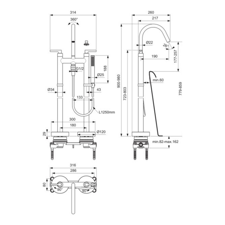 Ideal Standard Joy Neo Смеситель для ванны, напольный, с душевым набором, шлангом IDEALFLEX&reg; 125см, цвет: PVD Magnetic Grey