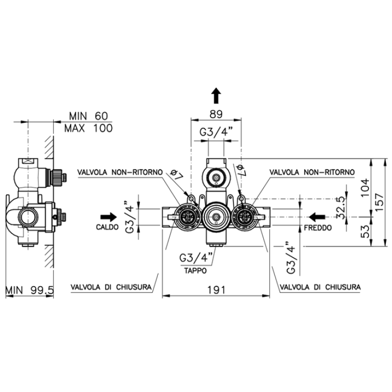 Nicolazzi Termostatico Встраиваемая часть термостата 3/4&rdquo; с запорным вентилем