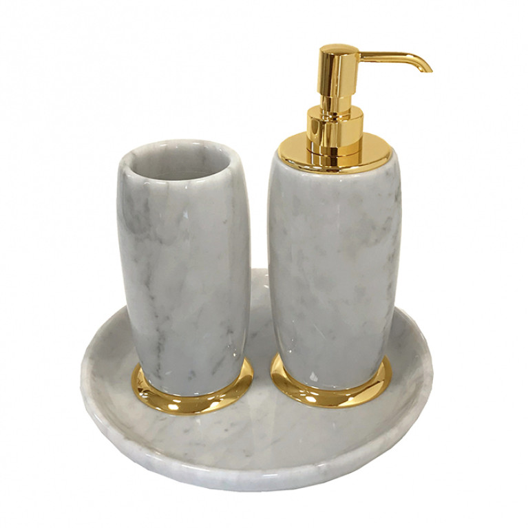 3SC Elegance MARMO КоплектЖ стакан, дозатор, лоток,  мрамор bianco carrara/,цвет: золото 24к. Lucido